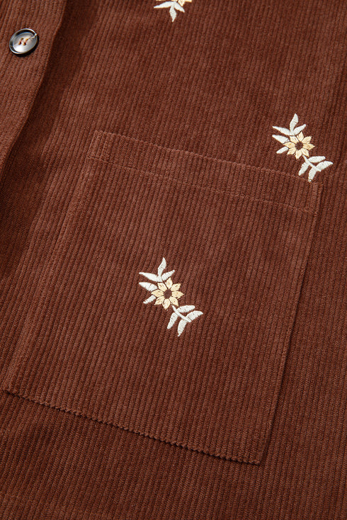 Floral Embroidered Wide Wale Corduroy Button Front Patch Pocket Jacket